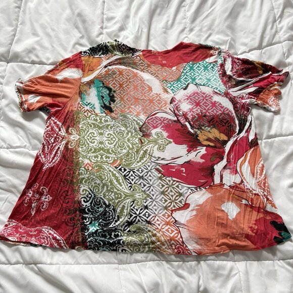 Chico's Floral Womens Size 3 XL Blouse Stretch Short Sleeve Pink Soft - Picture 6 of 6